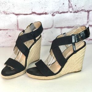 BANANA REPUBLIC TECLA Black Canvas Sz 9 Espadrille Wedge Crossover Ankle Strap